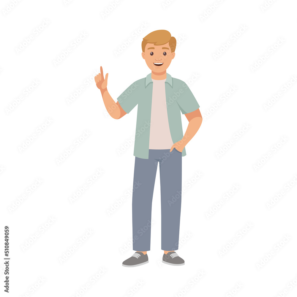 Smiling Man Character in Casual Jeans and Shirt Standing with Raised Finger Having Idea Vector Illustration Smiling Man Character in Casual Jeans and Shirt Standing with Raised Finger Having Idea Vector Illustration