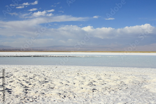 Salt flat at Salar de Atacama in Chile with Licancabur volcano background