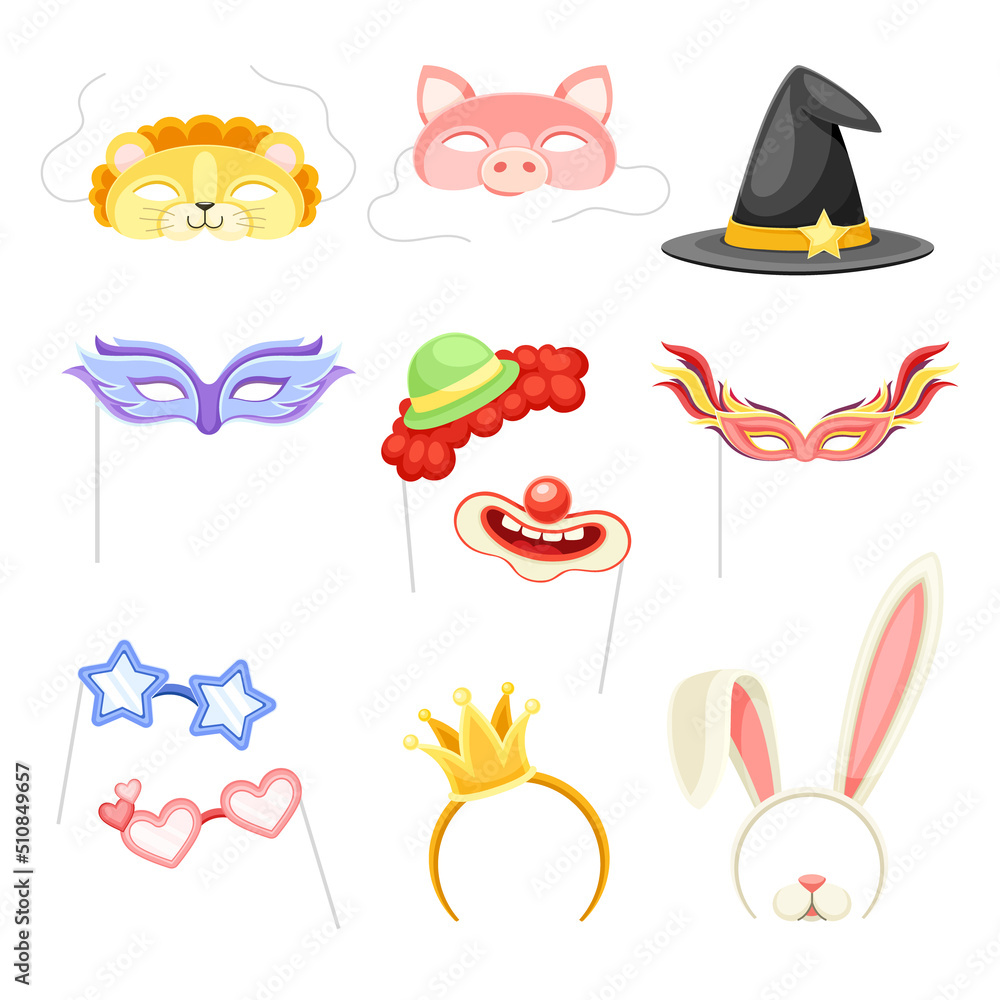 Naklejka premium Carnival Mask and Head Accessory for Festive Party Celebration Vector Set