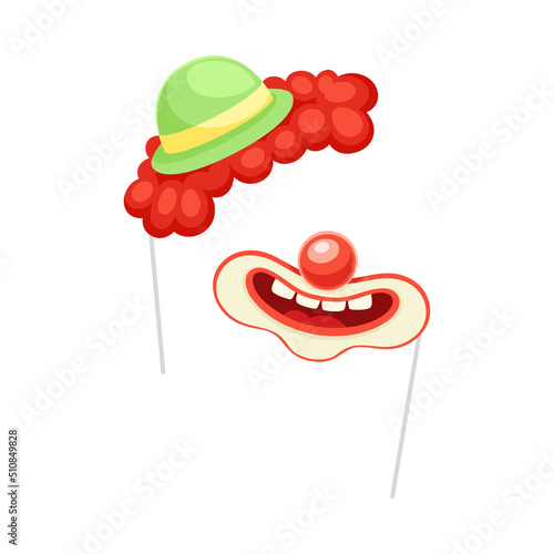 Carnival Clown Mask with Mouth and Hat on Pole as Accessory for Festive Party Celebration Vector Illustration
