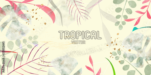 Modern tropical background. tropical leaves and flowers frame isolated illustration. Exotic patterns with tropical leaves. Floral realistic pattern, summer arrangements with tropical leaf