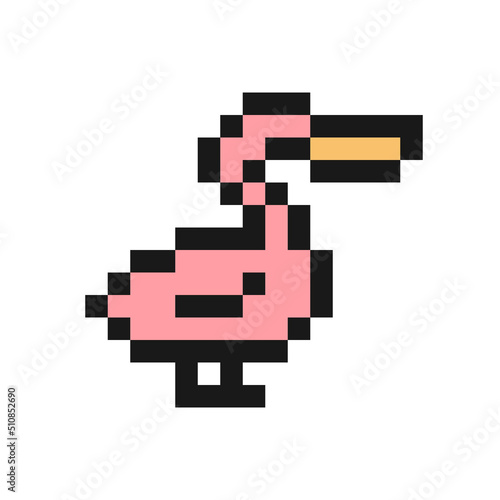 Pelican icon in pixel art design isolated on white background, bird vector sign symbol