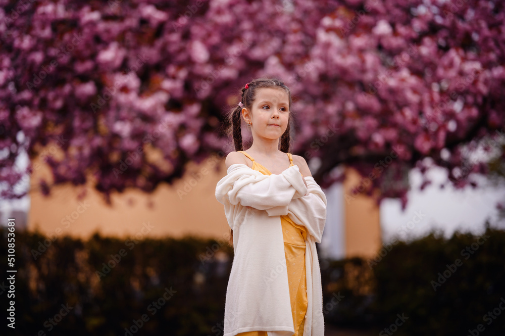 Little preschooler girl in yellow dress, white cardigan with long hair stand before pink sakura tree Little preschooler girl in yellow dress, white cardigan with long hair stand before pink sakura tree