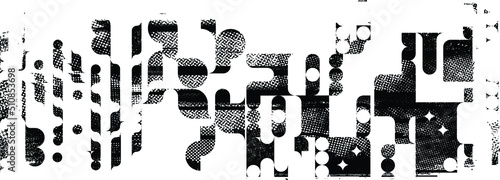 Glitch distorted geometric shape . Noise destroyed logo . Trendy defect error shapes . Glitched frame .Grunge textured . Distressed effect .Vector shapes with a halftone dots screen print texture.