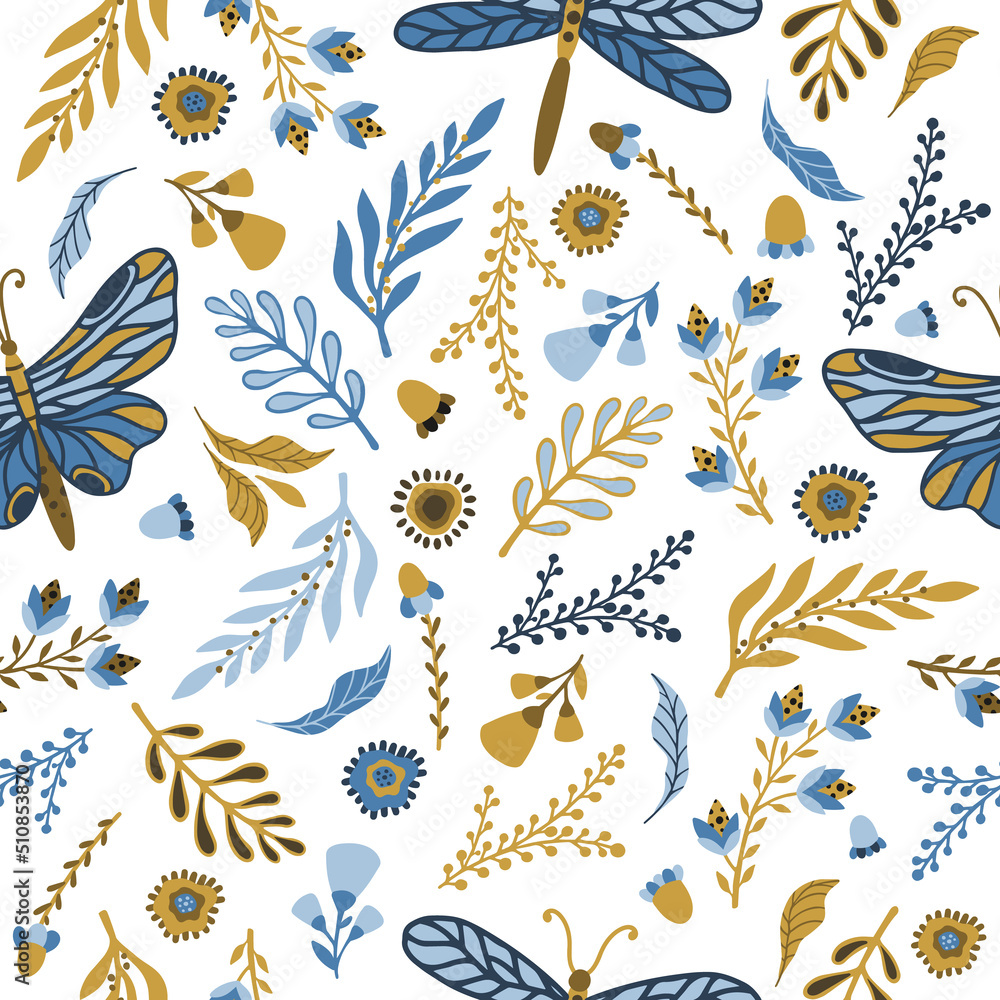 Floral seamless pattern with butterflies and different flowers Floral seamless pattern with butterflies and different flowers