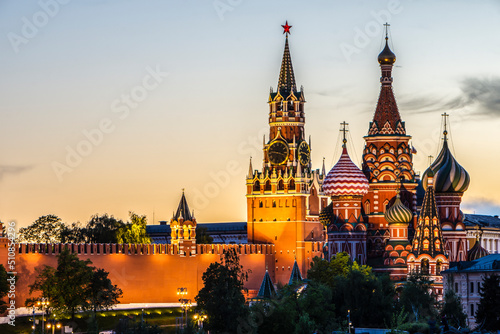 Moscow Kremlin and St. Basil's Cathedral at night, Russia. Moscow's main tourist attraction. Evening view of the sights of Moscow in summer.
