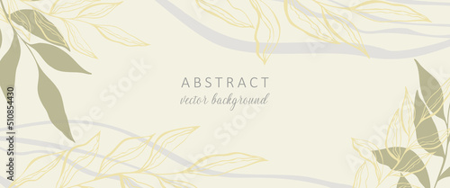 Wedding invitation abstract background in boho style with golden lines and botanical leaves, organic shapes. Abstract art vector background design for wedding and vip cover template.