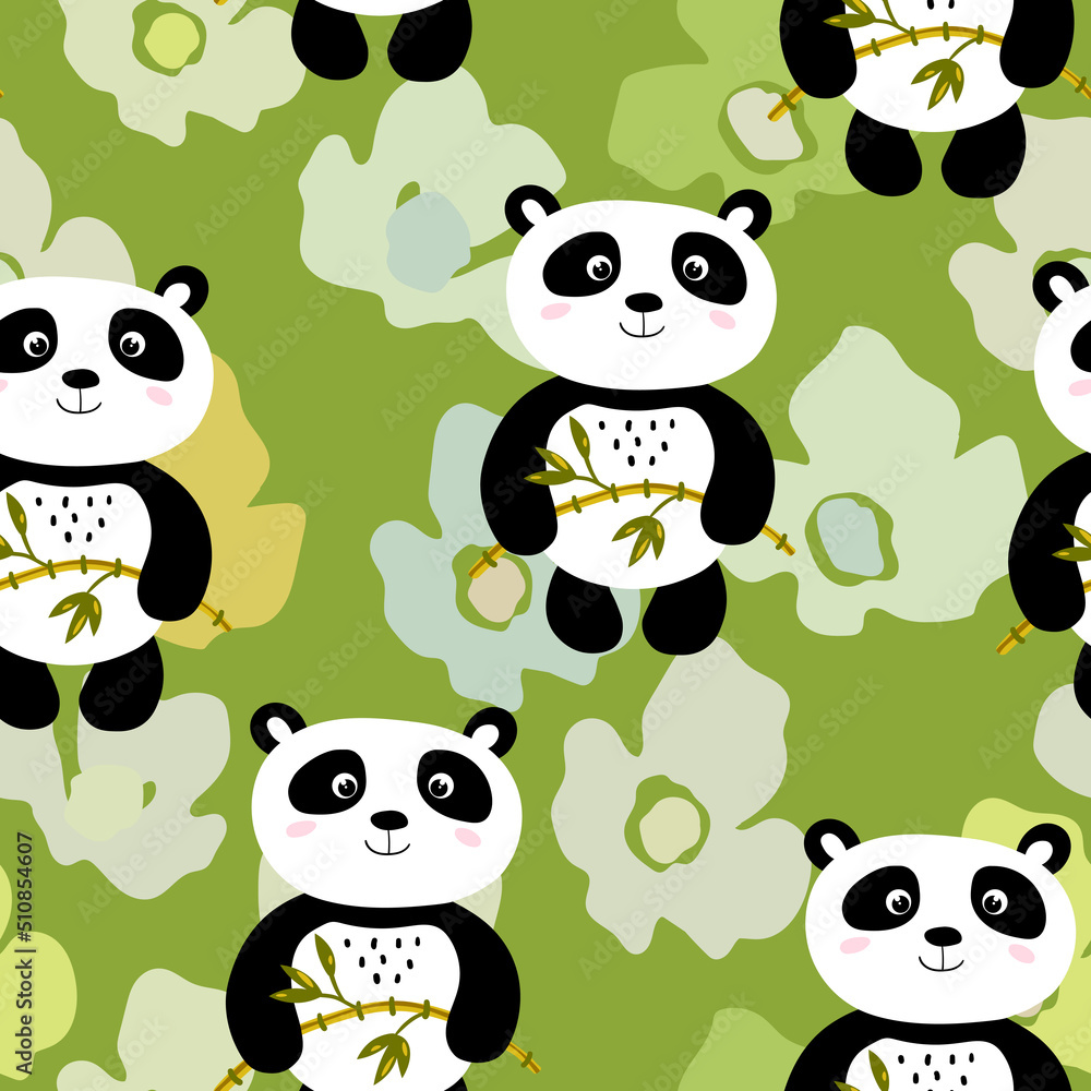Obraz premium Seamless pattern with cute panda baby on color background. Funny asian animals. Card, postcards for kids. Flat vector illustration for fabric, textile, wallpaper, poster, gift wrapping paper