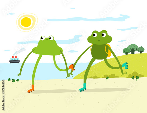 Two happy frog friends roller skating together near the sea - vector illustration   (ID: 510854600)