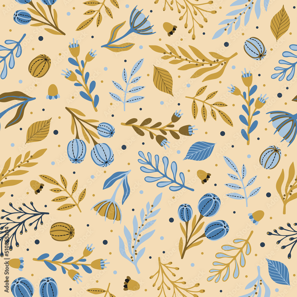 Hand drawn floral pattern with meadow flowers, herbs and dragonfly. Vector seamless background. Hand drawn floral pattern with meadow flowers, herbs and dragonfly. Vector seamless background.