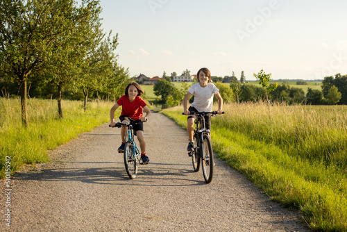Cute happy children, brothers, riding bikes in the park on a sunny summer day