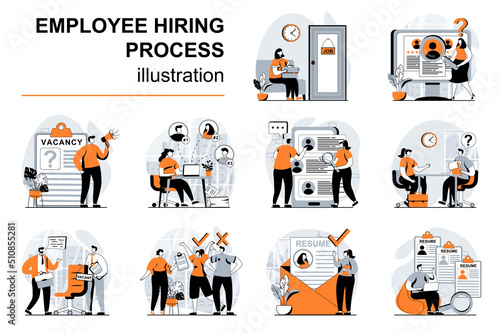 Employee hiring process concept with people scenes set in flat design. Women and men choosing candidates. Human resources and staff recruitment. Vector illustration visual stories collection for web