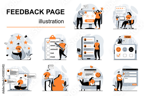 Feedback page concept with people scenes set in flat design. Women and men leave comments with reviews and ratings online. Customer satisfaction. Vector illustration visual stories collection for web