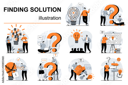 Finding solution concept with people scenes set in flat design. Women and men think, generate ideas, brainstorming and creativity for business. Vector illustration visual stories collection for web