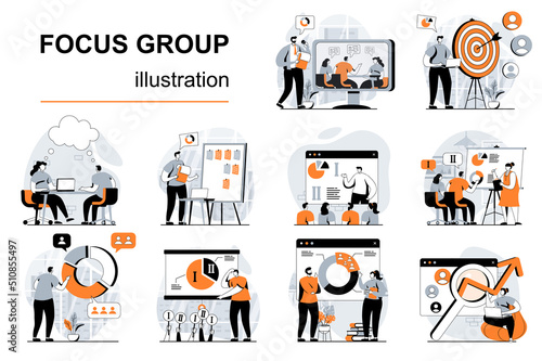 Focus group concept with people scenes set in flat design. Women and men do marketing research, study customer behavior and develop strategy. Vector illustration visual stories collection for web