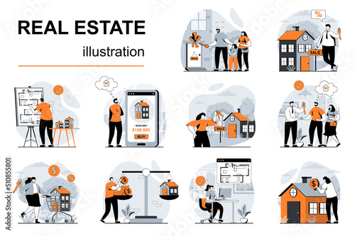 Real estate concept with people scenes set in flat design. Women and men receives mortgage loan, buys new house, receiving keys to home property. Vector illustration visual stories collection for web