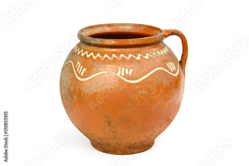 Ancient clay pot with ornament, pattern on white background