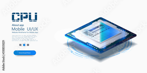 Digital chip computer processor and electronic components. Semiconductor technology concept. Isolated futuristic microchip core.  CPU isometric banner. Vector illustration