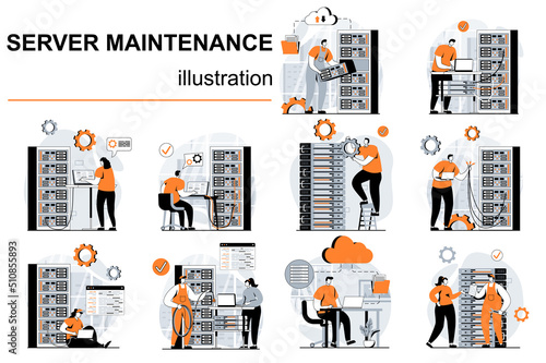 Server maintenance concept with people scenes set in flat design. Women and men working in server room, tech support optimize data center work. Vector illustration visual stories collection for web
