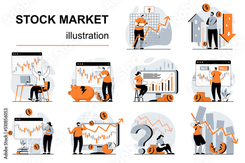 Stock market concept with people scenes set in flat design. Women and men buy and sell shares of companies, invest money, increase or lose income. Vector illustration visual stories collection for web