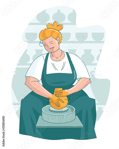 Vector flat design of cartoon pottery woman making clay pot