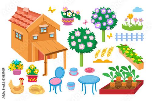 Wooden two-story cottage house with canopy in cartoon style. Set of summer garden objects. Vector color illustration isolated on white background. Icons for design of postcards, posters, books.