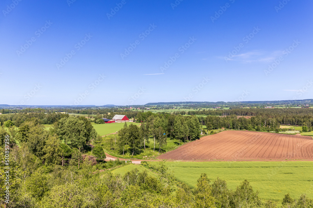 Fields and a red barn in the countryside view at summer