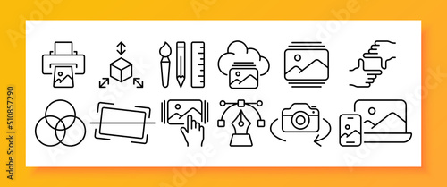 Photo set icon. Printer, 3d modeling, portrait, filters, correction, framing, cloud storage, cropping, effects, art, brush, gallery etc. Photography concept. Vector line icon for Business