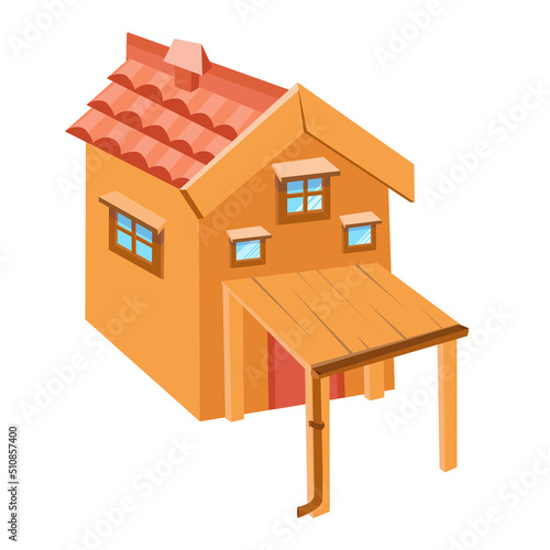 Wooden two-story house cottage with roof and canopy in cartoon style. Building for play and design. Vector color illustration.