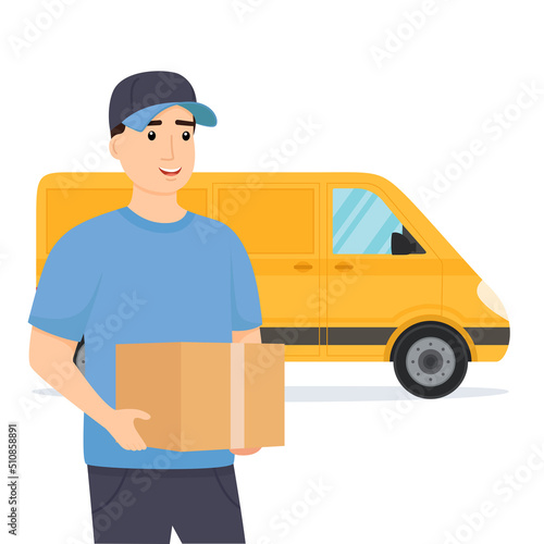 Delivery man in uniform holding box with delivery truck on background. Delivery service. Vector illustration
