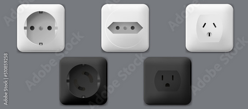 Electric switch and extension vector outlet for electric plugs and electricity illustration. Set of different types of power isolated sockets and switchers.