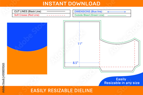 8.5x11 inch Rounded top shape Pocket or folder envelope die cut template Box dieline and 3D box