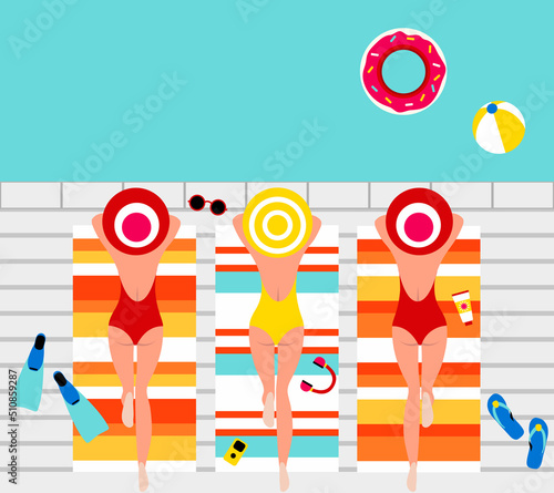 Summer beach, pool party with sunbathing sexy woman on towel, summertime, swimming pool  holiday concept vector background