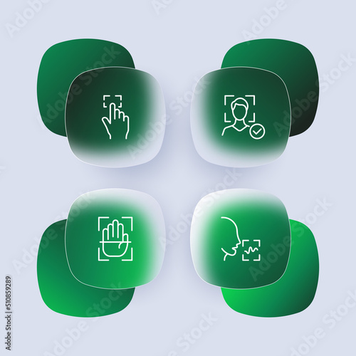 Authentication set icon. Face recognition, voice recognition. Identification, success, tick, speech, fingerprint. Biometrics concept. Glassmorphism style. Vector line icon for Business and Advertising