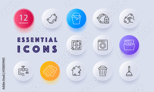 Cleaning the house set icon. Rag, sponge, paint bucket, window, polishing, washing machine, dishwasher, faucet, trash can. Purity concept. Neomorphism style. Vector line icon for Business