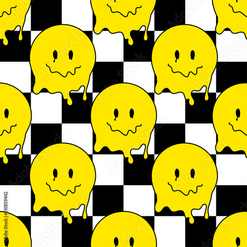 Funny smile dope faces seamless pattern. psychedelic surreal techno melt smile background. Trippy smiley faces, techno, melting smile face cartoon background wallpaper concept art. Y2K aesthetic