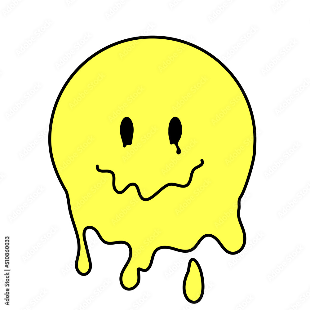 Funny psychedelic surreal techno melt smile face logo. Melted smiley ...