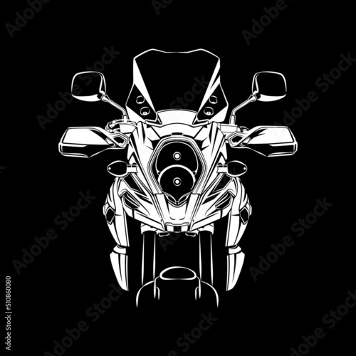 Adventure Touring Motorcycle Silhouette Front View on Black Background. Can be used for printed on Motorcycle Club t-shirt, background, banner, posters, web, etc.