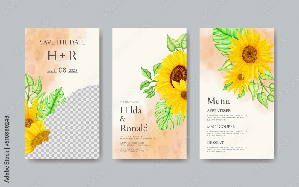 Instagram stories template for wedding invitation with watercolor sunflower