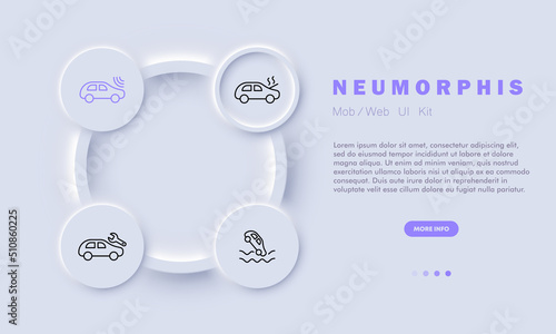Automobile set icon. Car, rise, descent, accident, fire, alarm, parking, cliff, video recorder, Service station. Traffic rule concept. Neomorphism style. Vector line icon for Business and Advertising