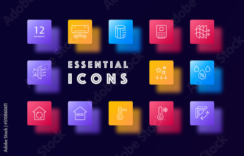Air Filtration set icon. Air conditioning, air, filter, virus, moisture, blades, fan, thermometer, eco. Climate control concept. Glassmorphism style. Vector line icon for Business and Advertising