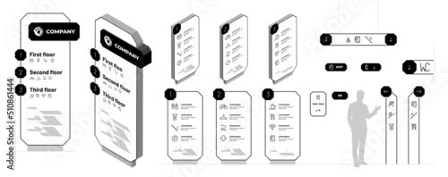 Wayfinding system signage mockup set. Exterior and interior way finding design templates. Mall navigation mock up. Commercial building information boards. Residential complex direction vector signs