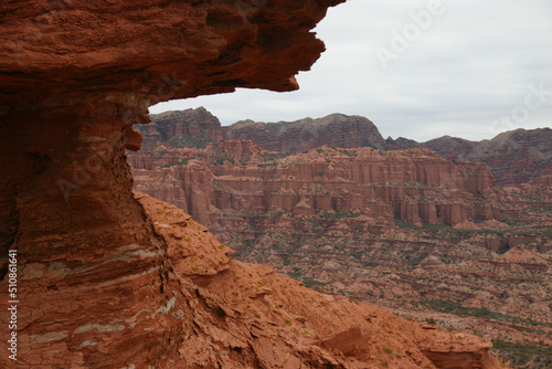 Sierra de las Quijadas National Park. Saint Louis. Argentina. Arid landscape of red earth and mountains eroded by the wind. Tourist attraction. National Reserve. Mountains and valleys.