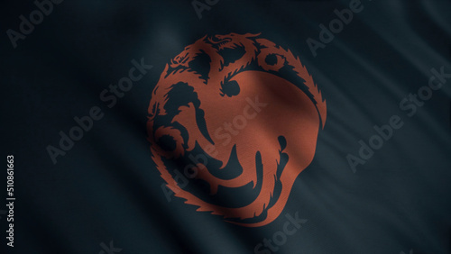Image of red three-headed dragon twisted into circle on background of developing black flag. Animation. Emblem of house Targaryen. Concept of series Game of Thrones photo