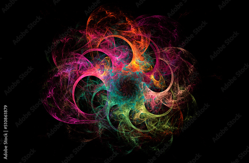 Abstract fractal background with cosmic glow. Cosmic rainbow colored flowers. Horizontal banner. Used for design and creativity, for screensavers. Abstract fractal background with cosmic glow. Cosmic rainbow colored flowers. Horizontal banner. Used for design and creativity, for screensavers.