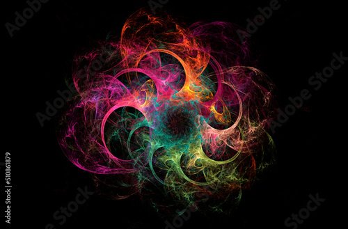 Abstract fractal background with cosmic glow. Cosmic rainbow colored flowers. Horizontal banner. Used for design and creativity, for screensavers.