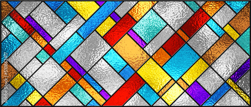 Stained glass window. Abstract colorful stained-glass background. Art Deco geometric decor for interior. Modern pattern. Luxury modern interior. Transparency. Multicolor template for design interior.