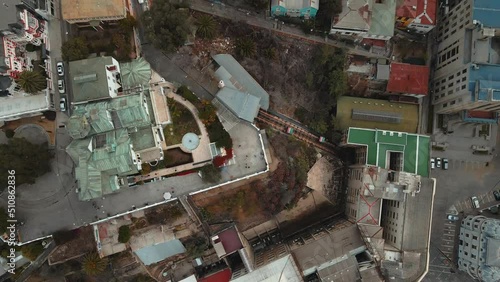 Aerial top down dolly in over Baburizza Palace, Yugoslavian Walk and El Peral funicular in Cerro Alegre, Valparaiso, Chile photo