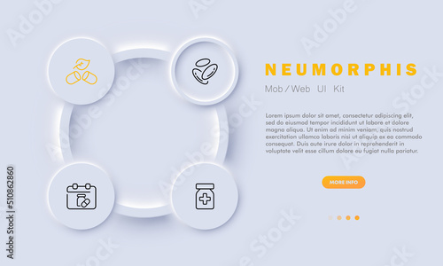 Medicine set icon. Syrup, pharmacy, first aid kit, plate, capsule, pill reminder, treatment, doctor, hospital. Health care concept. Neomorphism style. Vector line icon for Business and Advertising