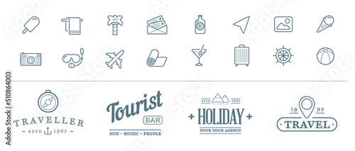 Set of Travel Tourism and Holiday Elements and Signs. Icons Set.